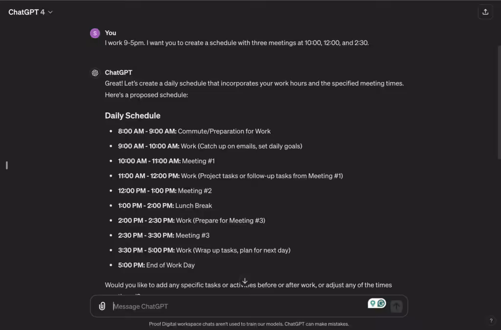 ChatGPT conversation where the user asks for a work schedule from 9–5pm with meetings at 10:00, 12:00, and 2:30 and ChatGPT responds with a detailed timeline